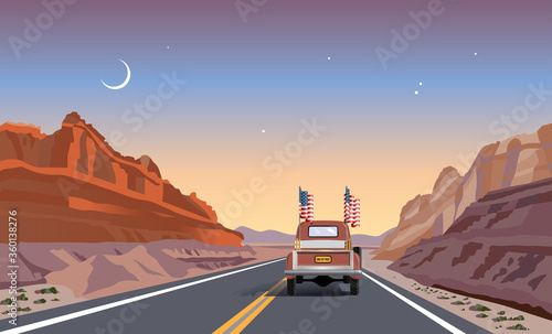 Vintage Truck Driving on a Mountain Road Vector Illustration