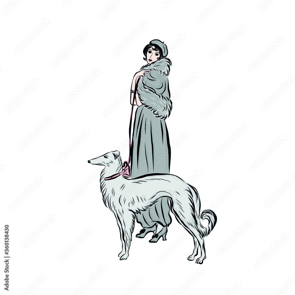 Elegant vintage woman in fur coat walking with dog. Woman dressed in