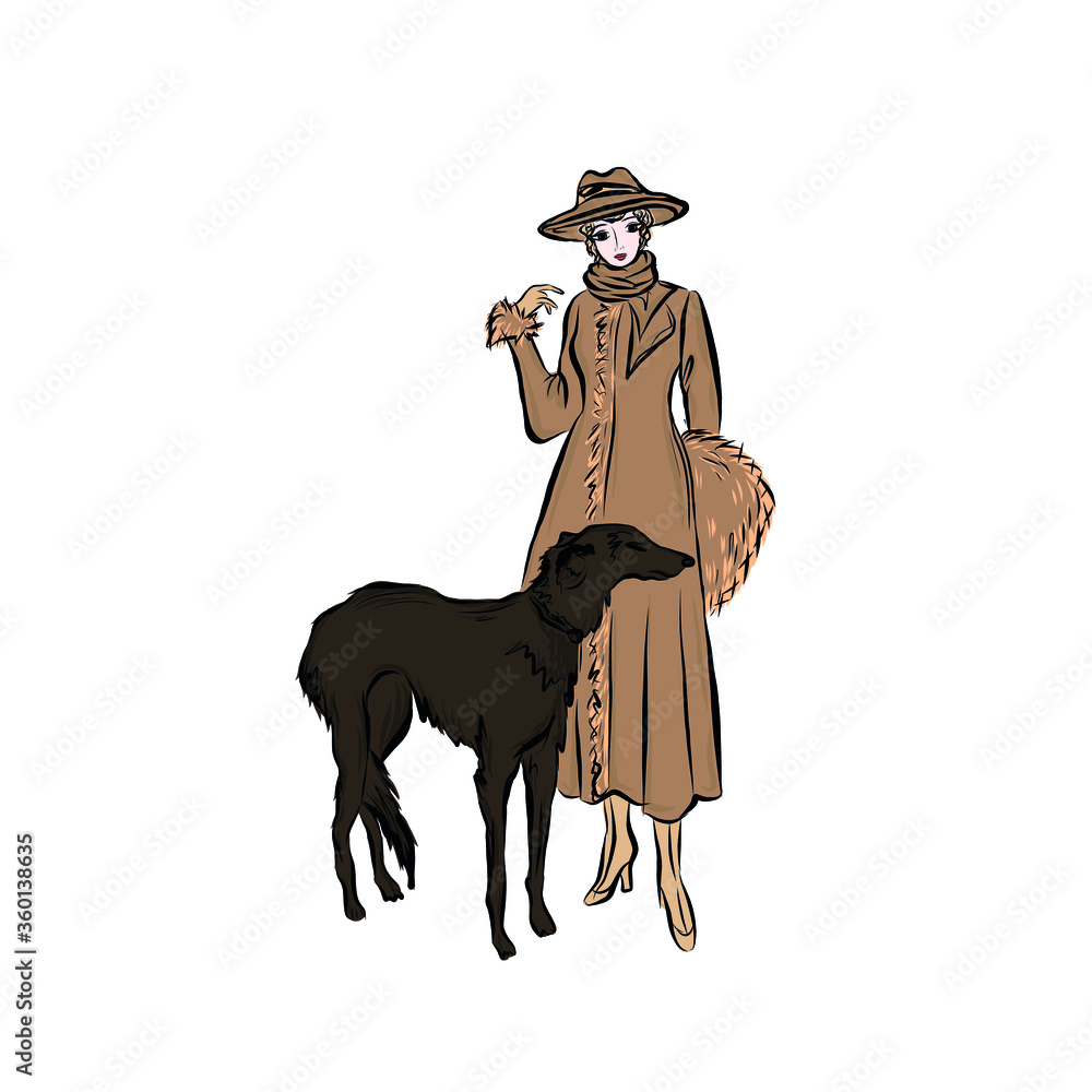 Elegant vintage woman in fur coat walking with dog. Woman dressed in