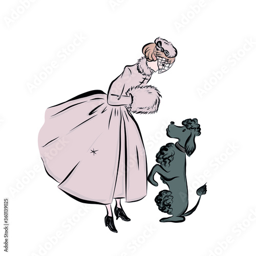 Elegant lady communicates with poodle dog. Woman with pet. Woman in winter clothes in vintage style. Victorian old fashion. People of 19th century. 