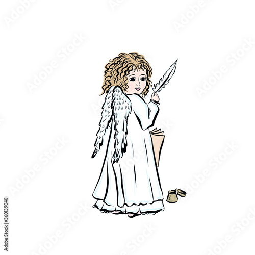 Little sweet angel boy with feather. Baby with wings. Linear drawing of adorable character from Bible. Concept of resurrection of Jesus Christ. Christmas, Easter design.