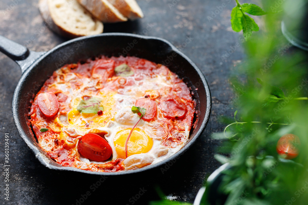 Shakshouka,eggs baked with tomatoes. Ready dish served in a hot pan. Suggestion of serving the dish.