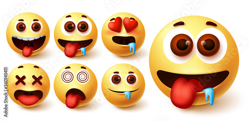 Emojis smiley emoticon vector set. Emoji avatar character face in hungry, silly, in love, happy and dizzy feelings and emotion for sign and symbol design element. Vector illustration  
