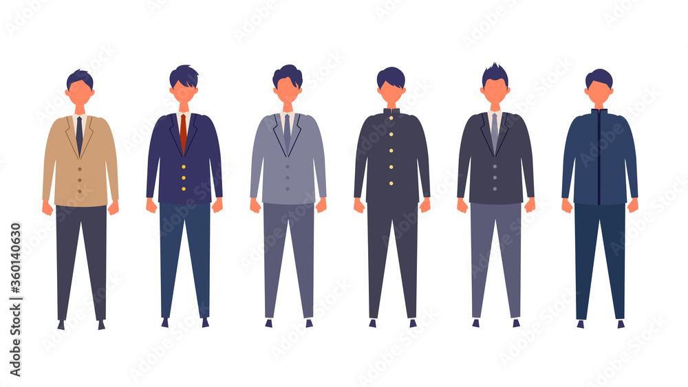 様々な制服を着て直立した男子高生のイラスト 横並びで色々なブレザー 学ランを着た男子学生のベクターイラスト Vector De Stock Adobe Stock