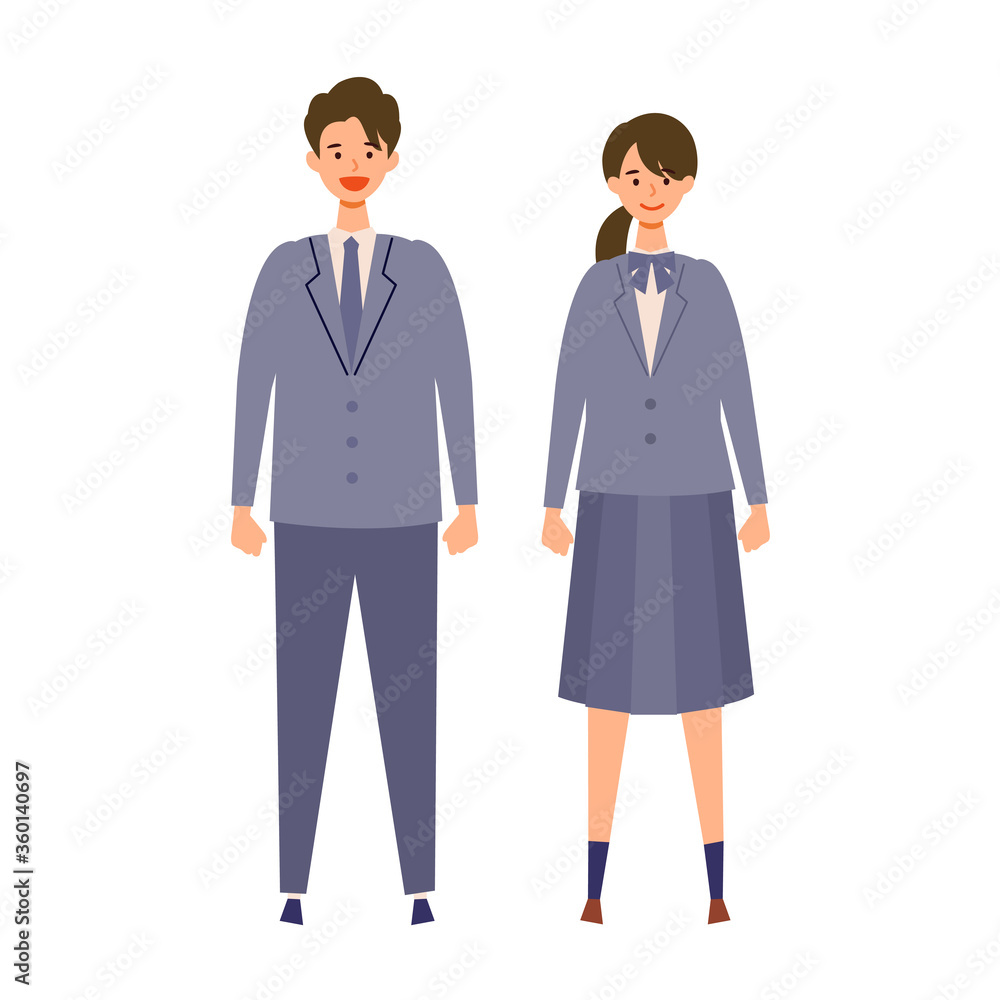 制服を着た男女の学生のイラスト 高校生、中学生 揃いの制服を着た同じ学校の生徒達 制服を着た男女の学生のイラスト 高校生、中学生 揃いの制服を着た同じ学校の生徒達