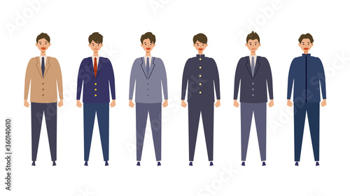 様々な制服を着て直立した男子高生のイラスト　横並びで色々なブレザー、学ランを着た男子学生のベクターイラスト