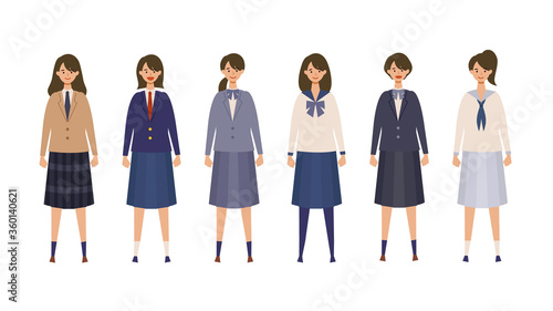 様々な制服を着て直立した女子高生のイラスト　横並びで色々なブレザー、セーラー服を着た女子学生のベクターイラスト