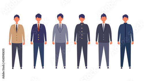 様々な制服を着て直立した男子高生のイラスト　横並びで色々なブレザー、学ランを着た男子学生のベクターイラスト