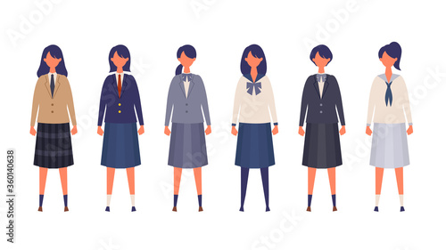様々な制服を着て直立した女子高生のイラスト　横並びで色々なブレザー、セーラー服を着た女子学生のベクターイラスト