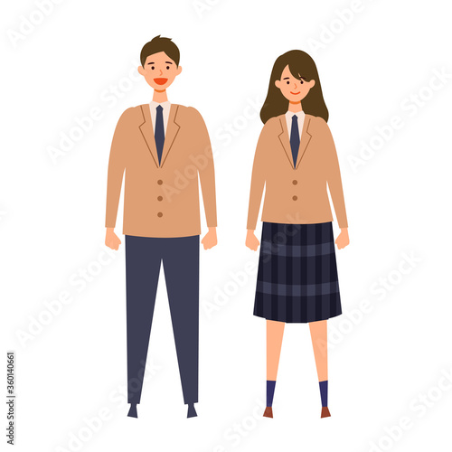 制服を着た男女の学生のイラスト　高校生、中学生　揃いの制服を着た同じ学校の生徒達
