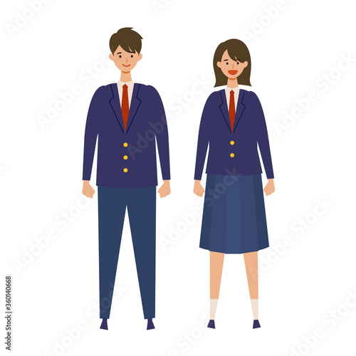 制服を着た男女の学生のイラスト　高校生、中学生　揃いの制服を着た同じ学校の生徒達