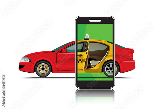 VECTOR EPS10 - red car behind smartphone and yellow taxi car open back door reflect on screen,
reliable private hire car hailing service concept, part time job, isolated on white background.