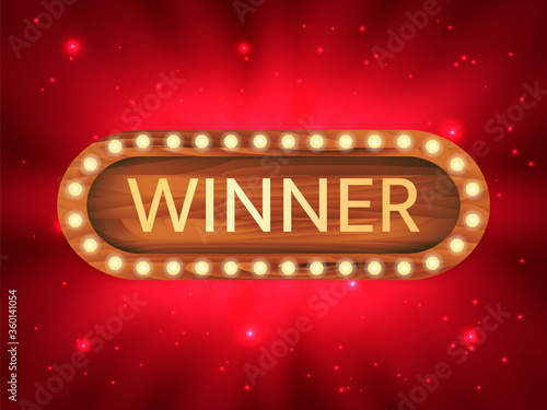 Vector stock illustration. Winner golden  text. Wooden frame with light bulbs.