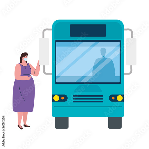 social distancing with woman wearing medical mask in bus station, city community transport with diverse commuters together, prevention coronavirus covid 19