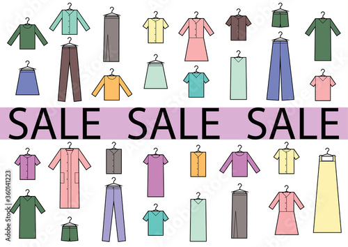 Clothing icons set with sale words. Set of clothing colored icons in white background.