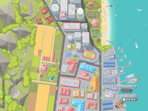Vector illustration. Landscape view from above. City, buildings, skyscrapers, houses, stadium, park, road, port, sea, farm, field. (top view) 