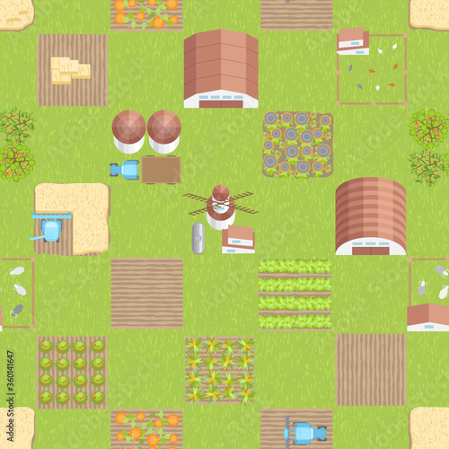 Seamless pattern. Green farm. (top view) Fields, vegetable gardens, hangars, buildings, barns, agricultural machinery. (view from above)