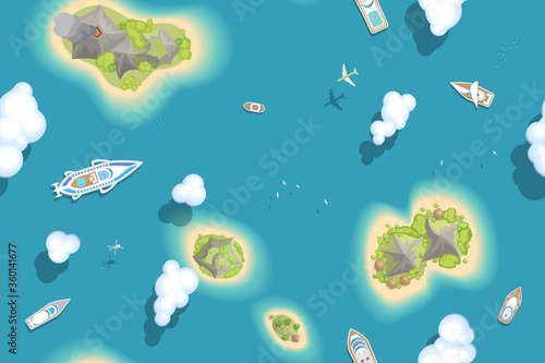Seamless pattern. Summer vacation. The islands and ships. (top view) Vector illustration. Time to travel - sun, sea, island, sand, yacht, airplane, palm, clouds. (view from above)