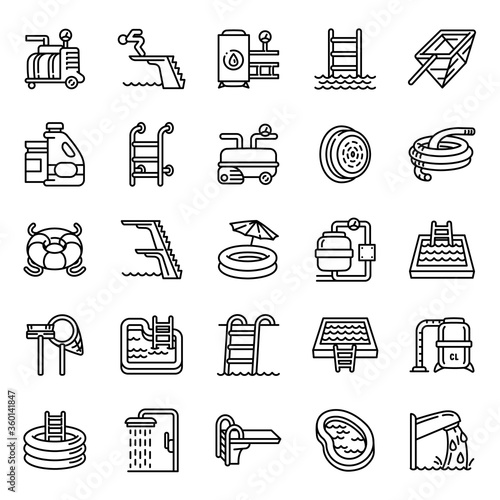 Pool equipment icons set. Outline set of pool equipment vector icons for web design isolated on white background