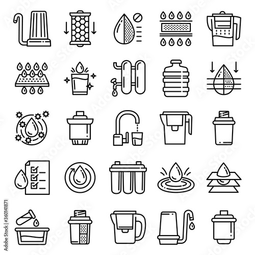Filter water icons set. Outline set of filter water vector icons for web design isolated on white background
