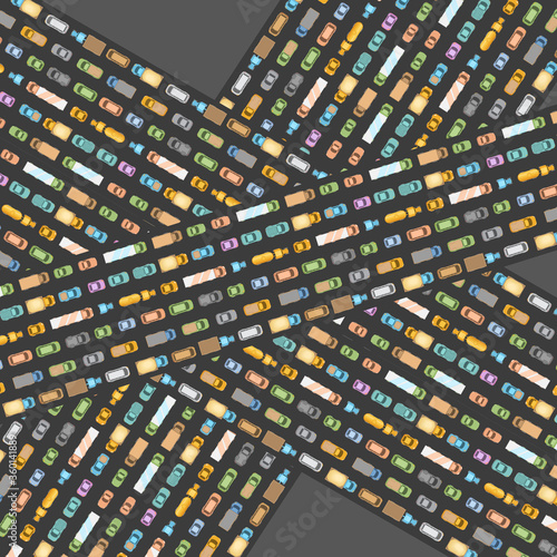 Traffic jam. Top view.  The road and overpass with cars in traffic. View from above.