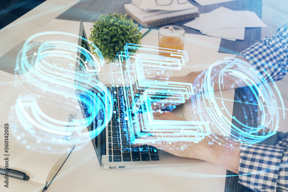 Multi exposure of seo icon with man working on computer on background. Concept of search engine optimization. Multi exposure of seo icon with man working on computer on background. Concept of search engine optimization.