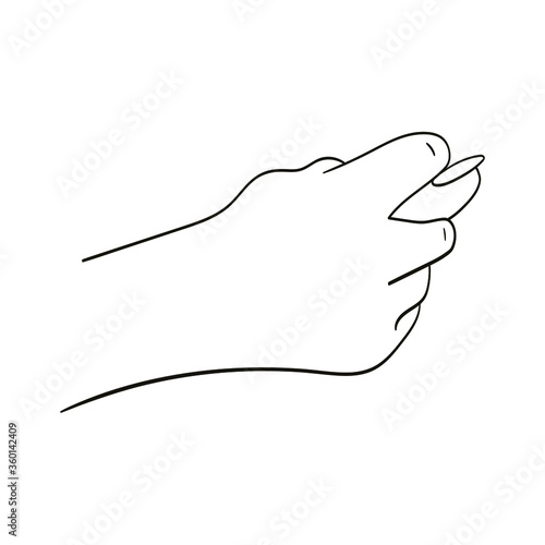 T is the twentieth letter of the alphabet in sign language. Black and white drawing of a hand. Fig shish. A hand making the hand signal with thumb wedged between fingers gesture for the fig sign