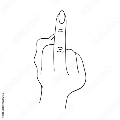 Gesture. Rude sign. Woman hand with middle finger up. Vector illustration in sketch style isolated on a white background. Making aggression signal by hands.Fuck off. Fuck you hand finger logo icon.