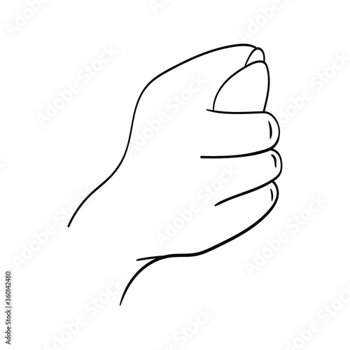 T is the twentieth letter of the alphabet in sign language. Black and white drawing of a hand. Fig shish. A hand making the hand signal with thumb wedged between fingers gesture for the fig sign