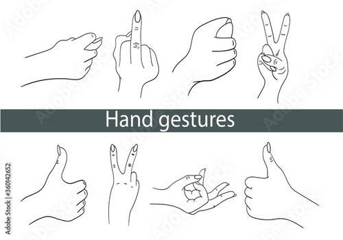 Set of vector indecent gestures. Linear icons gestures with hands, fig, thumb up, fuck you, gesture ok, gesture two fingers up. Design for stickers, t-shirts, icons. Gesticulation.