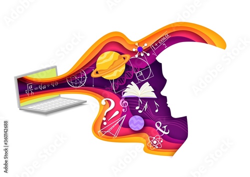 Vector layered paper cut style science learning composition. Human head silhouette, laptop with astronomy physics mathematics science formulas, symbols. E-learning, online education, digital learning.
