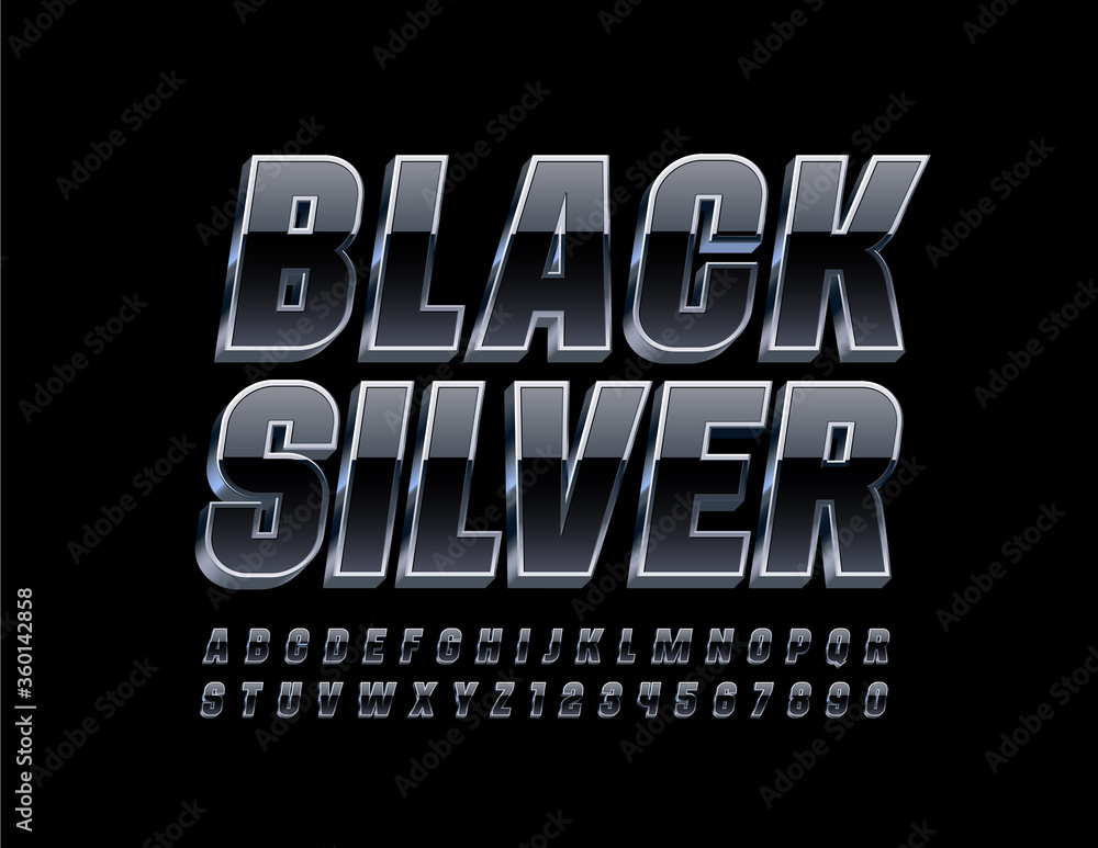 Vector Black Silver Alphabet Letters and Numbers. 3D Reflective Font