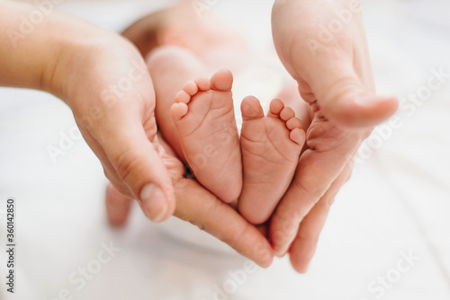 Mother holds baby's feet showing how small they are photo