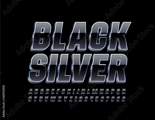 Vector Black Silver Alphabet Letters and Numbers. 3D Reflective Font