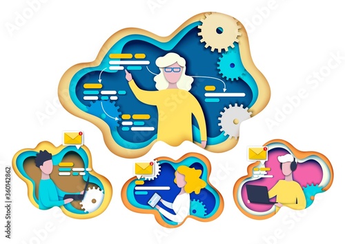 Vector layered paper cut science learning composition set. Online teacher and students using mobile, laptop, headphones. Online training course, tutorial, webinar, distance learning, remote teaching.