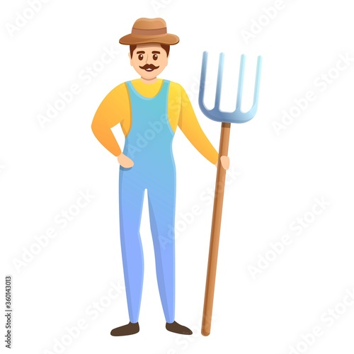 Happy farmer with fork icon. Cartoon of happy farmer with fork vector icon for web design isolated on white background