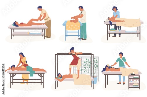Massage therapy composition set, vector flat isolated illustration. People receiving and giving relaxing, healing body massage to women, baby. Treatment for reducing stress, pain and muscle tension.