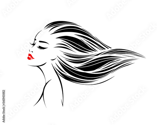 Beauty salon and hair studio logo.Wavy hairstyle and elegant makeup illustration.Beautiful woman portrait.Profile view face.Cosmetics and spa icon.Long eyelashes.Red lipstick