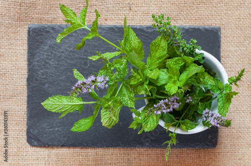 Rami di erbe aromatiche fresche nella tazza sullo sfondo della pietra