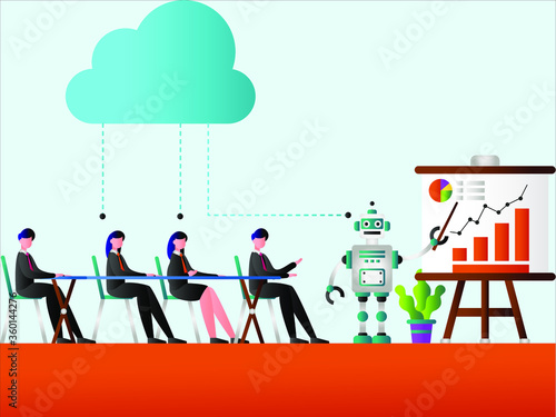 RPA vector concept: robot doing presentation of the business chart to business people using cloud computing system