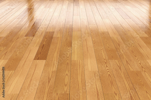Brown wood with reflections on the floor, 3D rendering
