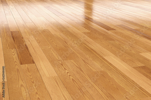 The brown wooden floor reflects light from the outside, 3D rendering