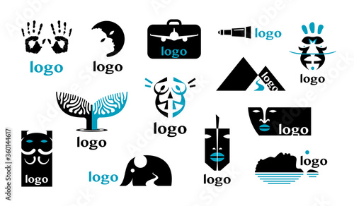 Set of logos for a travel company. Original silhouettes and shapes. Collection of illustrations isolated on a white