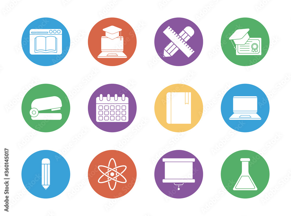 education school and university block style icon set vector design education school and university block style icon set vector design
