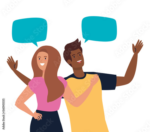 happy couple talking with speech bubbles, celebrating holiday