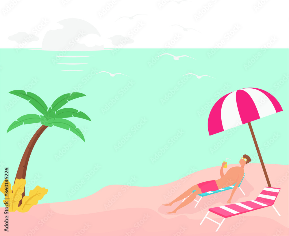 Summer vector concept: female figure drinking orange juice while lying on sun chair under the parasol at the beach
