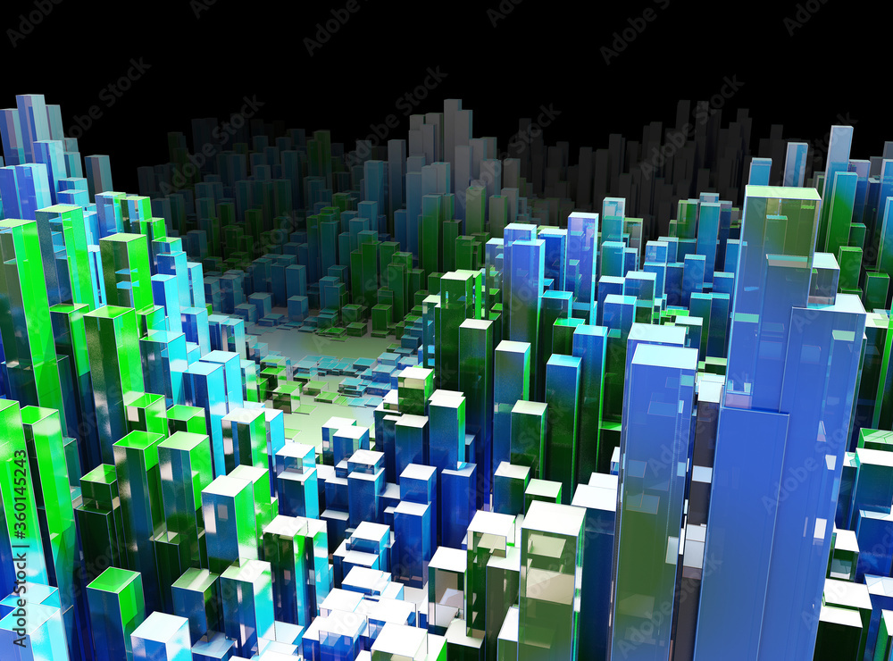 Fototapeta premium Big Data. 3D illustration abstract infographic with blue green columns. Business and finance analytics representation. Futuristic geometric analyze data concept.