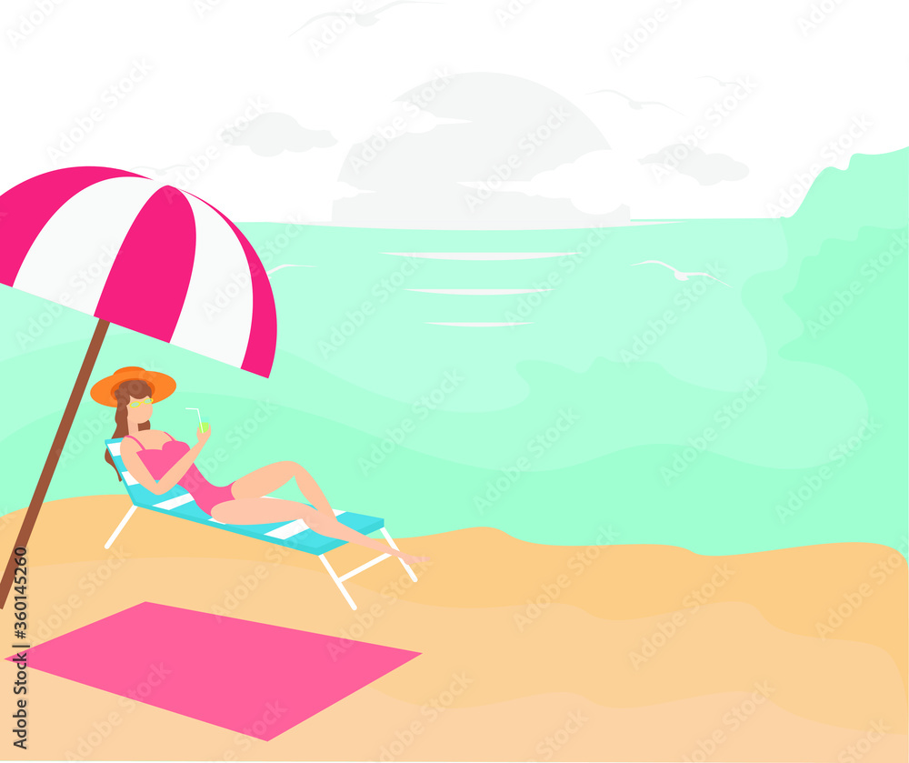 Summer vector concept: female figure wearing pink bikini while lying on sun chair under the parasol at the beach Summer vector concept: female figure wearing pink bikini while lying on sun chair under the parasol at the beach