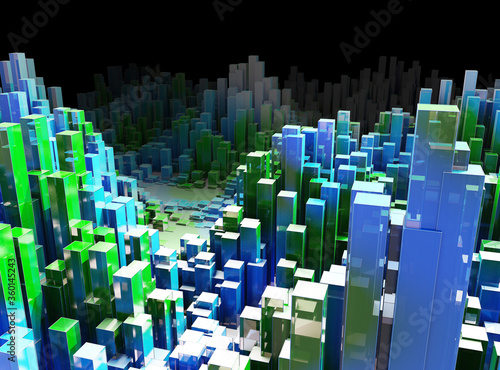 Big Data. 3D illustration abstract infographic with blue green columns. Business and finance analytics representation. Futuristic geometric analyze data concept.