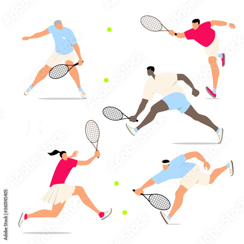 Shot, match pose competition. Ball hit collection. Man and racket. Set of vector illustration of man character holding tennis racquet and striking different posses isolated on white background